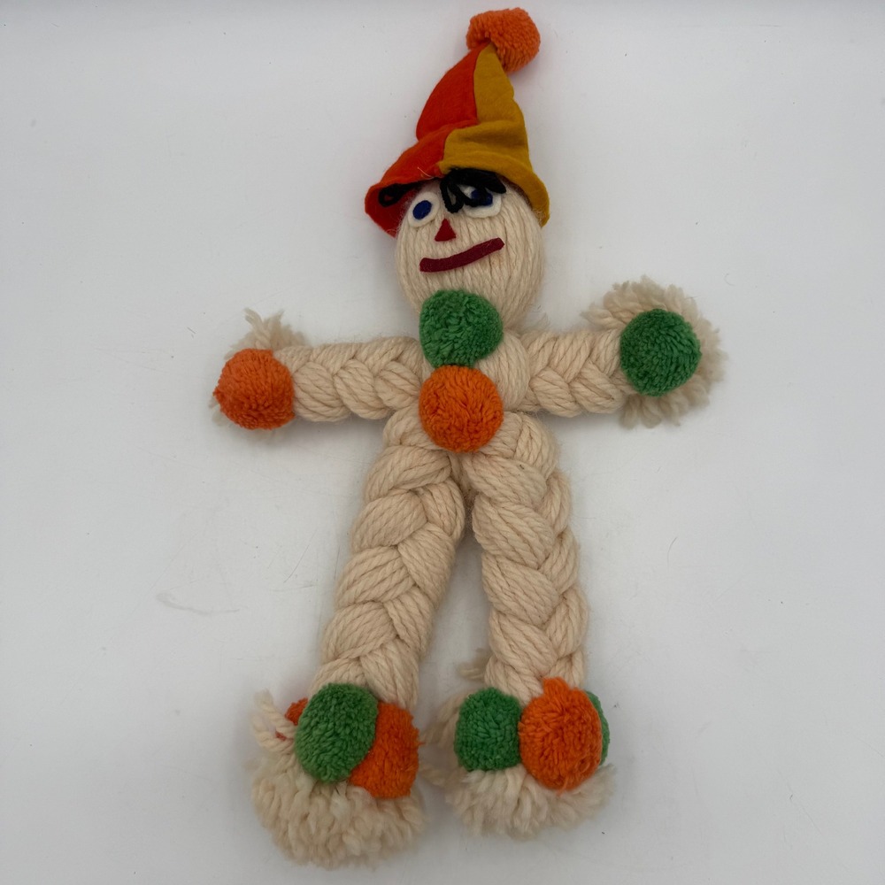 Vintage Handmade Braided Yarn Clown Doll Pom Pom Folk Art Cream Orange 13in